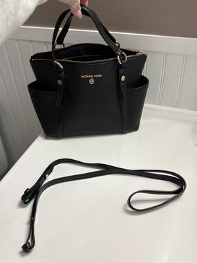 Michael Kors Black Leather Satchel with Gold Hardware